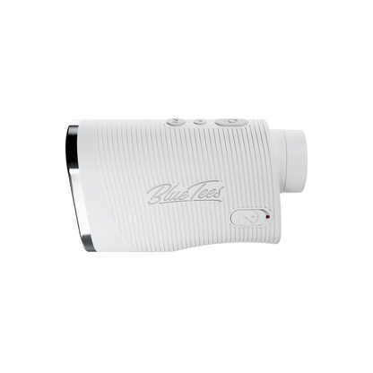White and silver metallic golf club head cover with blue tees logo.