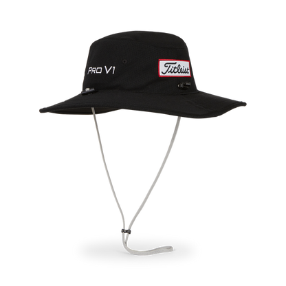 Black titleist golf bucket hat with white logo and strap.