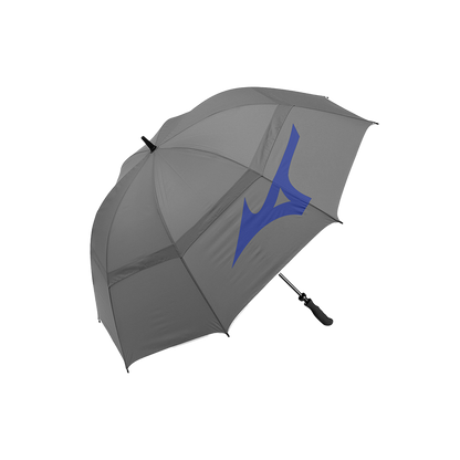 Gray mizuno golf umbrella with blue logo and black handle.
