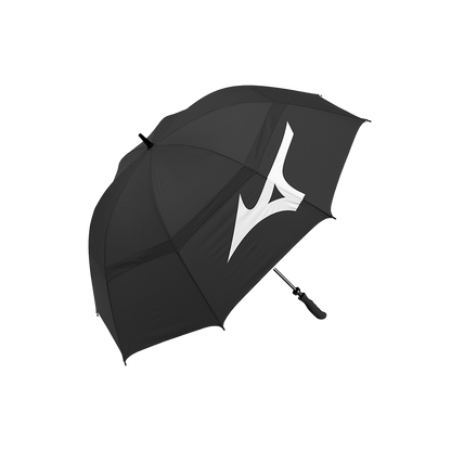 Black mizuno golf umbrella with white logo and silver handle.