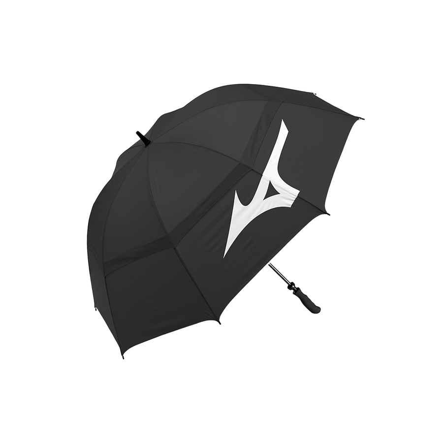 Black mizuno golf umbrella with white logo and silver handle.