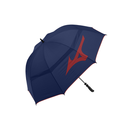 Navy blue golf umbrella with red logo, metal handle and black accents.