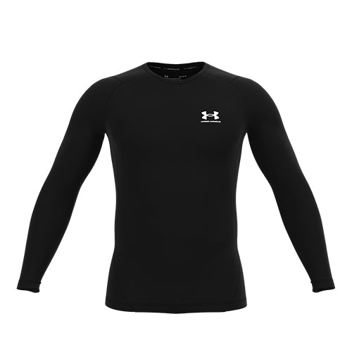 Black long-sleeved under armour shirt with white logo on chest.