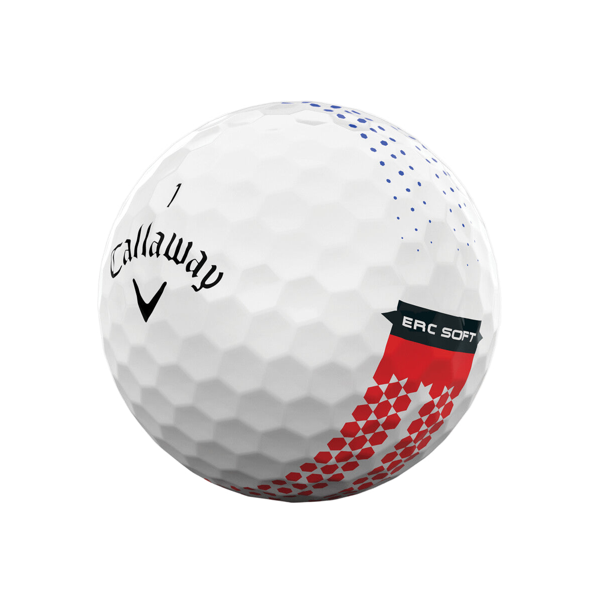 Callaway erc soft golf ball, white with red and blue hexagonal pattern.