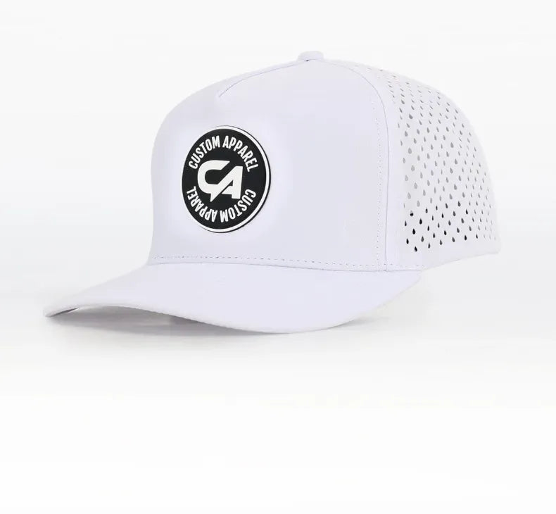Custom Apparel Performance Peak Caps | Round Badge | White