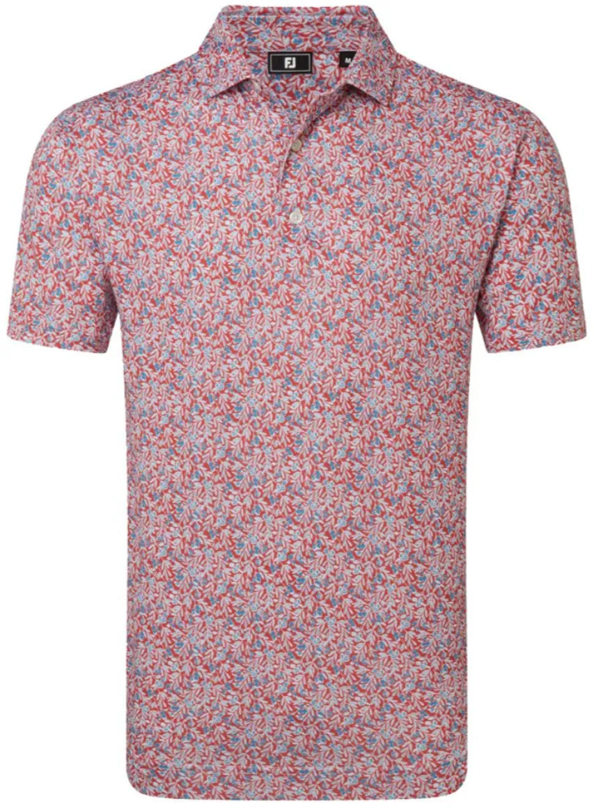 Footjoy Mens Golf Shirt | EU Meadow Print Lisle | Nantucket Red-Chambray Blue