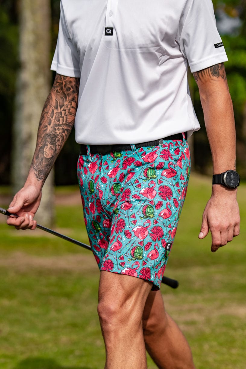 [CAMFSSF36] Custom Apparel Mens Golf Shorts | Funky (Tropical Flamingo, 36)