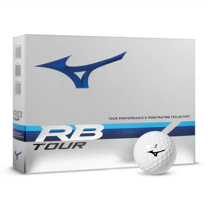 White mizuno rb tour golf ball with blue and silver logo design on box.