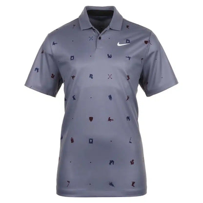 Nike golf polo shirt with small, repeating pattern of sports equipment in dark gray and black.