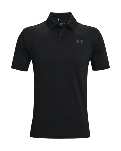 Black under armour polo shirt with short sleeves and a collar.