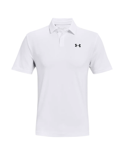 White under armour polo shirt with black logo and collar details.
