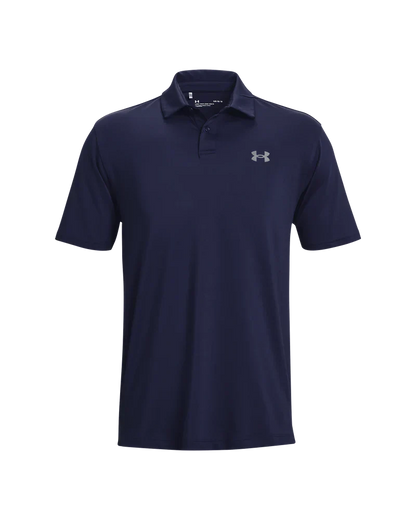 Navy blue under armour polo shirt with white logo.