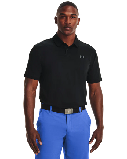 Black under armour polo shirt with blue pants and white logo on chest.