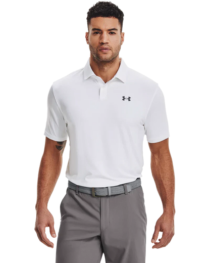 White under armour polo shirt with black logo and gray pants.