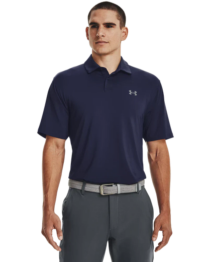 Under armour navy polo shirt with white logo.
