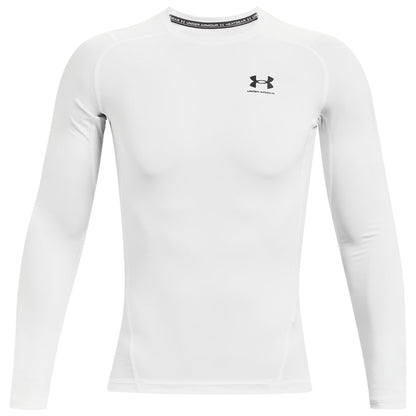 White under armour compression shirt with black logo and trim.